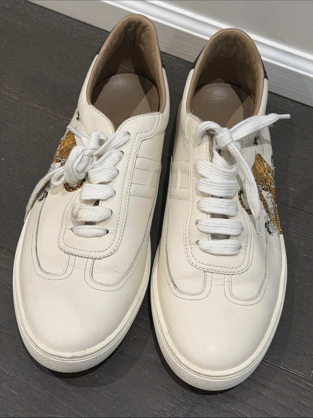 Hermes White Leather Sneakers with Leopard Motif and Black Heel - Picture 4 of 9